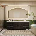 Black Bathroom Vanity With Marble Countertop Gold Fixtures Mirror Green Plant And Bathtub