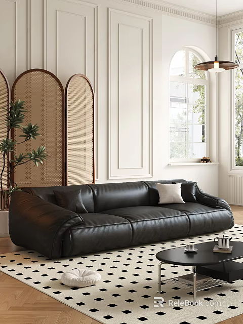 Black Leather Three Seater Sofa In Modern Living Room With Wicker Divider And Potted Plant 3d model 