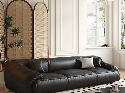 Black Leather Three Seater Sofa In Modern Living Room With Wicker Divider And Potted Plant 3d model