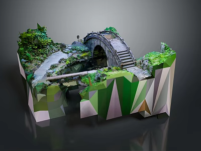 Geometric Scenic Model With Stone Arch Bridge Steps Green Vegetation And Stream 3d model