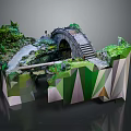 Geometric Scenic Model With Stone Arch Bridge Steps Green Vegetation And Stream