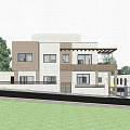 Modern Detached House Exterior With Glass Windows Balcony And Entrance Gate
