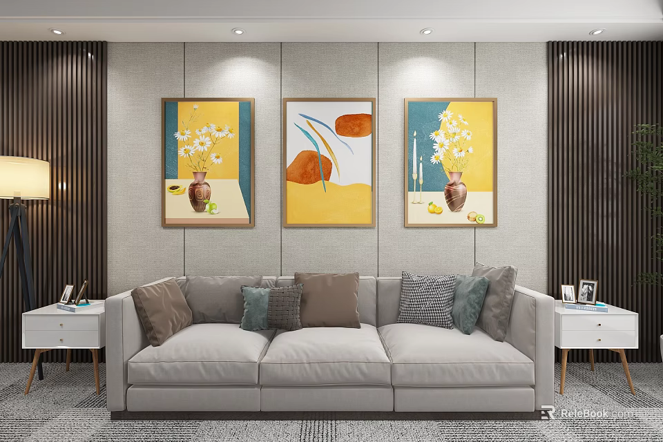 Abstract Paintings in Modern Living Room with Vase and Floral Elements as Wall Art Decor 3d model 