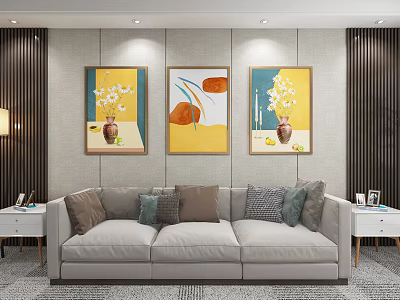 Abstract Paintings in Modern Living Room with Vase and Floral Elements as Wall Art Decor 3d model
