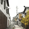 Traditional Chinese Commercial Street With Ancient Buildings Wooden Signboards And Hanging Lanterns