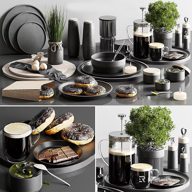 Elegant Modern Tableware Set With Black Plates Donuts Chocolate And Green Plants 3d model 