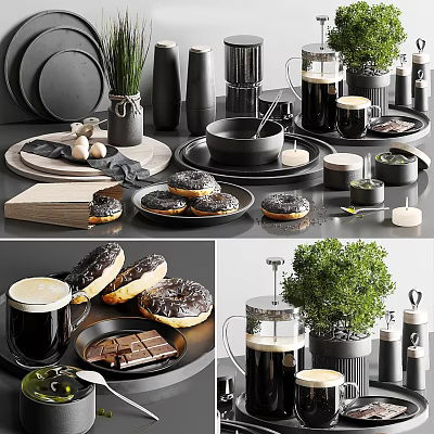 Elegant Modern Tableware Set With Black Plates Donuts Chocolate And Green Plants 3d model