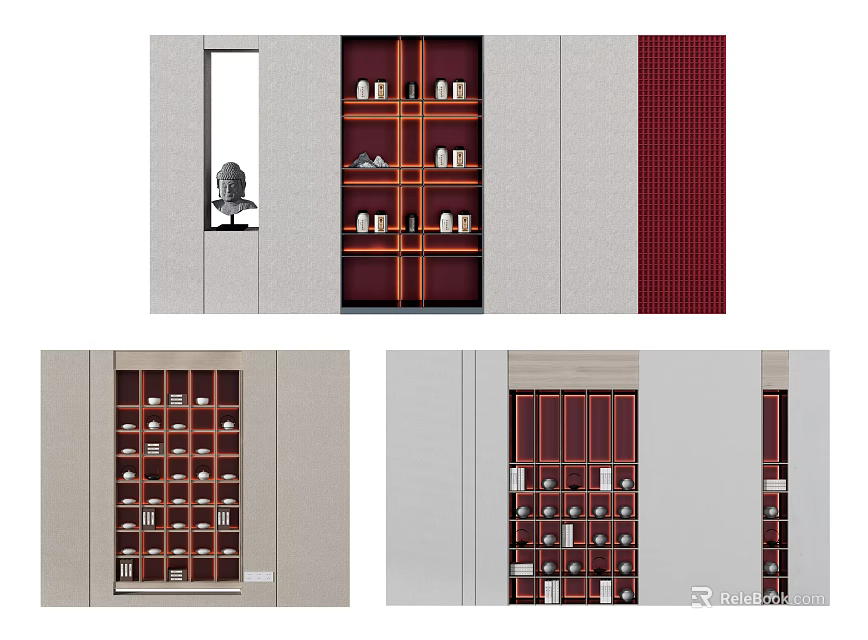 Modern Decorative Cabinet With Glass Doors And Multi Tiered Wooden Shelves 3d model 