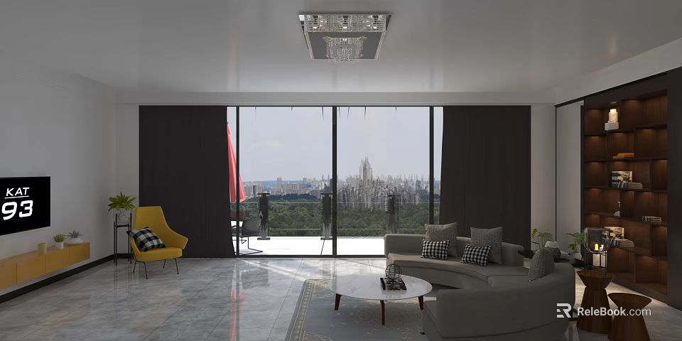 Spacious Bright Modern Living Room With Large Floor To Ceiling Windows And Panoramic City View 3d model 