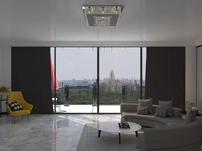 Spacious Bright Modern Living Room With Large Floor To Ceiling Windows And Panoramic City View 3d model