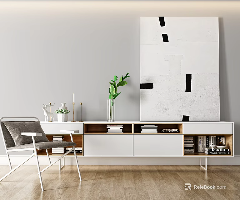 Modern White And Wooden TV Stand With Storage Drawers Open Shelves Green Plant Abstract Painting 3d model 