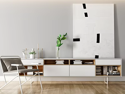 Modern White And Wooden TV Stand With Storage Drawers Open Shelves Green Plant Abstract Painting 3d model