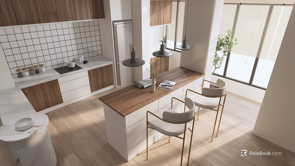 Contemporary Kitchen Interior Featuring Wooden Island Counter And Hanging Lights 3d model 