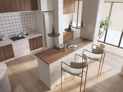 Contemporary Kitchen Interior Featuring Wooden Island Counter And Hanging Lights 3d model