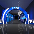 Interactive Zone With Blue Circular Installation LOGO And Standing Human Figure 3d model