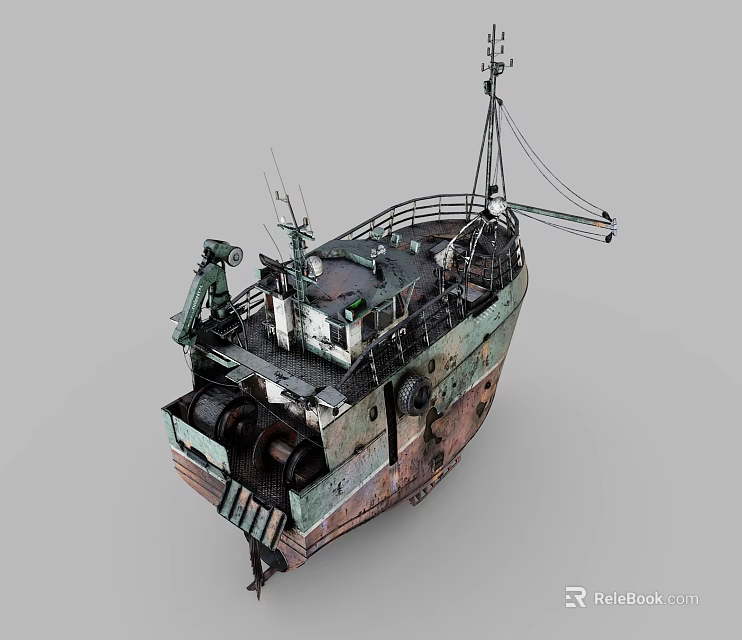 Old Rusted Ship With Deck Crane Antennas Weathered Hull And Industrial Structure 3d model 