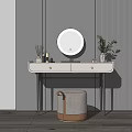 Elegant Dressing Table With White Countertop Black Legs Round Mirror Cosmetics Green Plant And Stool