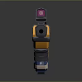 Futuristic Blue and Yellow Pistol with Scope and Modern Design Elements
