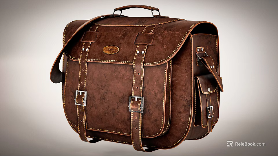 Vintage Brown Leather Messenger Bag With Buckles Shoulder Strap And Top Handle 3d model 