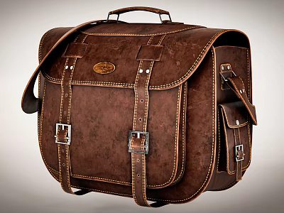 Vintage Brown Leather Messenger Bag With Buckles Shoulder Strap And Top Handle 3d model