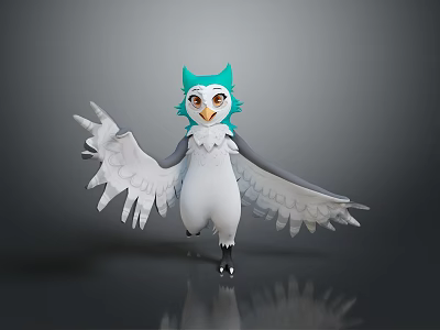 Friendly Anthropomorphic Owl 3D Character Model With Teal Head White Body And Spread Wings 3d model