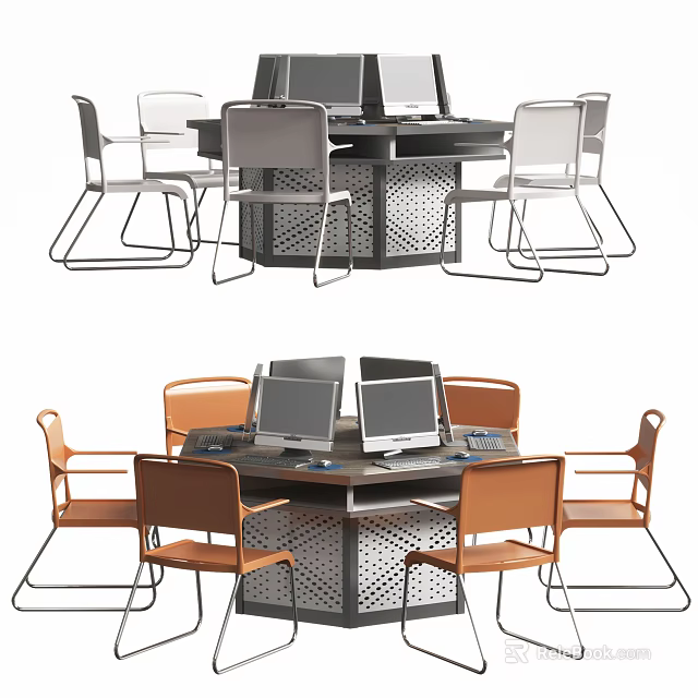 Modern Office Desk With Multiple Chairs And Desktop Computers In Workspace 3d model