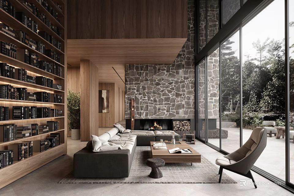 Modern Rustic Living Room Interior With Stone Wall Large Windows Built In Bookshelves And Fireplace 3d model 