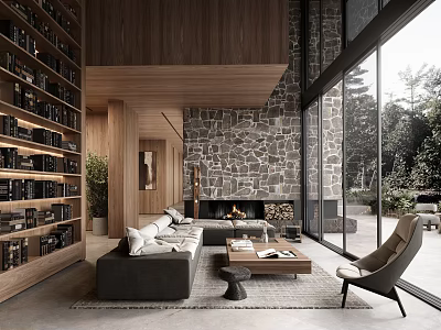 Modern Rustic Living Room Interior With Stone Wall Large Windows Built In Bookshelves And Fireplace 3d model