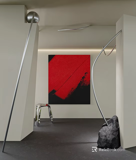 Red And Black Abstract Painting Hanging On White Wall In Modern Interior With Metal Decor 3d model 