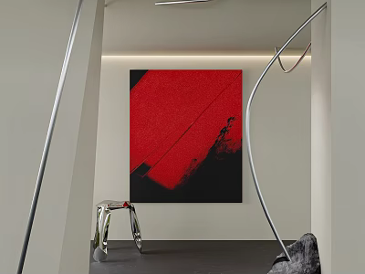 Red And Black Abstract Painting Hanging On White Wall In Modern Interior With Metal Decor 3d model