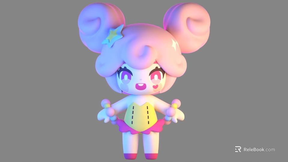 Cute Cartoon Doll With Pink Purple Curly Hair Star Accessory Yellow Top And Pink Skirt 3d model 