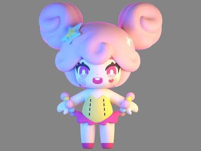 Cute Cartoon Doll With Pink Purple Curly Hair Star Accessory Yellow Top And Pink Skirt 3d model