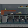 Modern Laundry Room Interior With Washing Machines Shelves And Plants