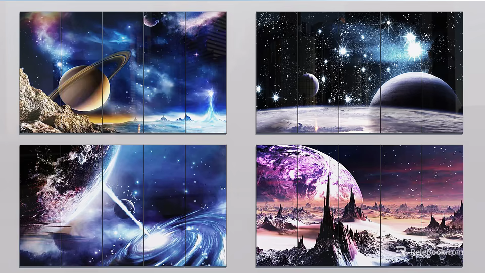 Starry Sky Themed Multi Panel Wall Art With Cosmic Planets And Nebula Design 3d model 