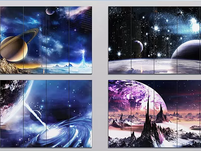 Starry Sky Themed Multi Panel Wall Art With Cosmic Planets And Nebula Design 3d model