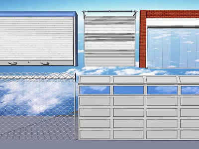 Roller Glass And Brick Garage Doors With Chain Link Fence Designs 3d model