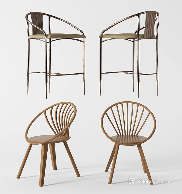 Modern Wooden Leisure Chairs with Slatted Backrest Curved Design and Bar Stools Set 3d model 