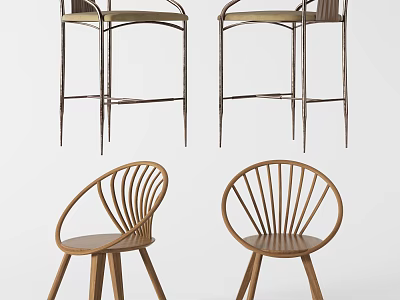 Modern Wooden Leisure Chairs with Slatted Backrest Curved Design and Bar Stools Set 3d model