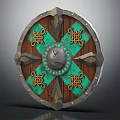 Medieval Decorative Shield With Circular Green And Gold Celtic Knot Design 3d model