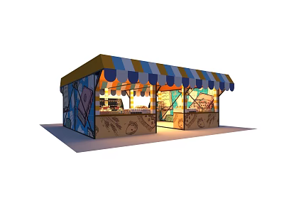 Vibrant Blue Yellow Striped Awning Street Kiosk with Display Window and Artistic Murals 3d model
