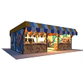 Vibrant Blue Yellow Striped Awning Street Kiosk with Display Window and Artistic Murals