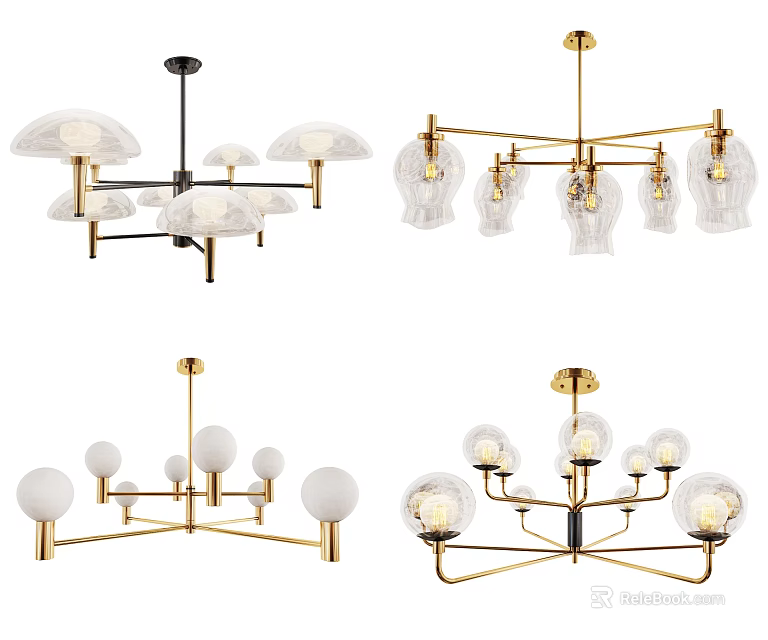 Modern Chandeliers With Gold Metal Arms Glass Shades And Spherical Light Bulbs 3d model 