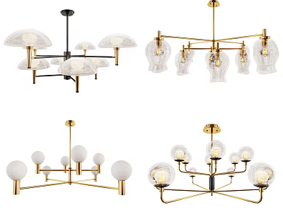 Modern Chandeliers With Gold Metal Arms Glass Shades And Spherical Light Bulbs 3d model