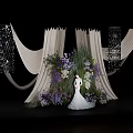 Elegant Sculpture Carving Design For Wedding Scene With Purple White Flowers And Curtains