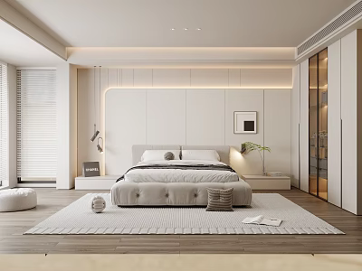 Modern Minimalist Bedroom Interior Design With White Large Bed Wardrobe Rug And Lighting 3d model