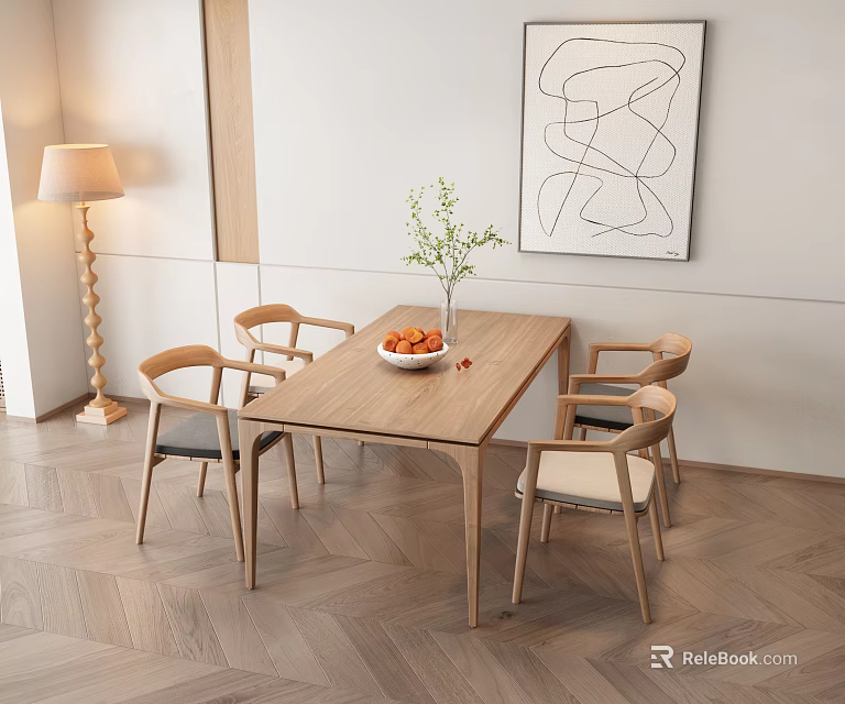 Modern Wooden Dining Table Set With Four Chairs Vase And Abstract Painting 3d model 