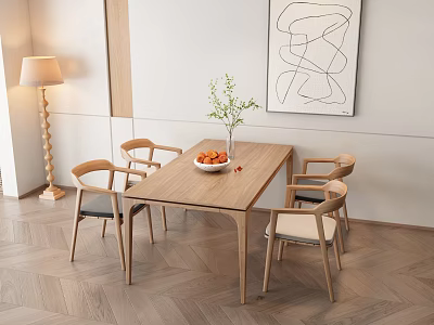Modern Wooden Dining Table Set With Four Chairs Vase And Abstract Painting 3d model