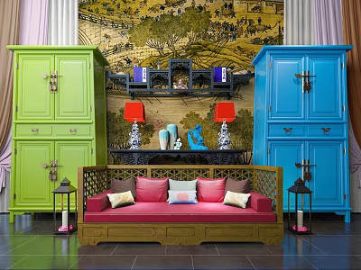 Stylish Two Seater Sofa With Red Cushions Green Blue Cabinets Background Mural Red Table Lamps 3d model