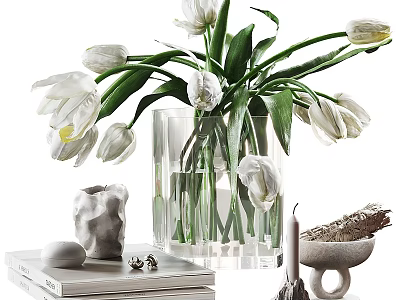 Decorative Ornament Set with White Tulips Clear Glass Vase Irregular Ornament and Stack of Books 3d model