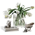 Decorative Ornament Set with White Tulips Clear Glass Vase Irregular Ornament and Stack of Books